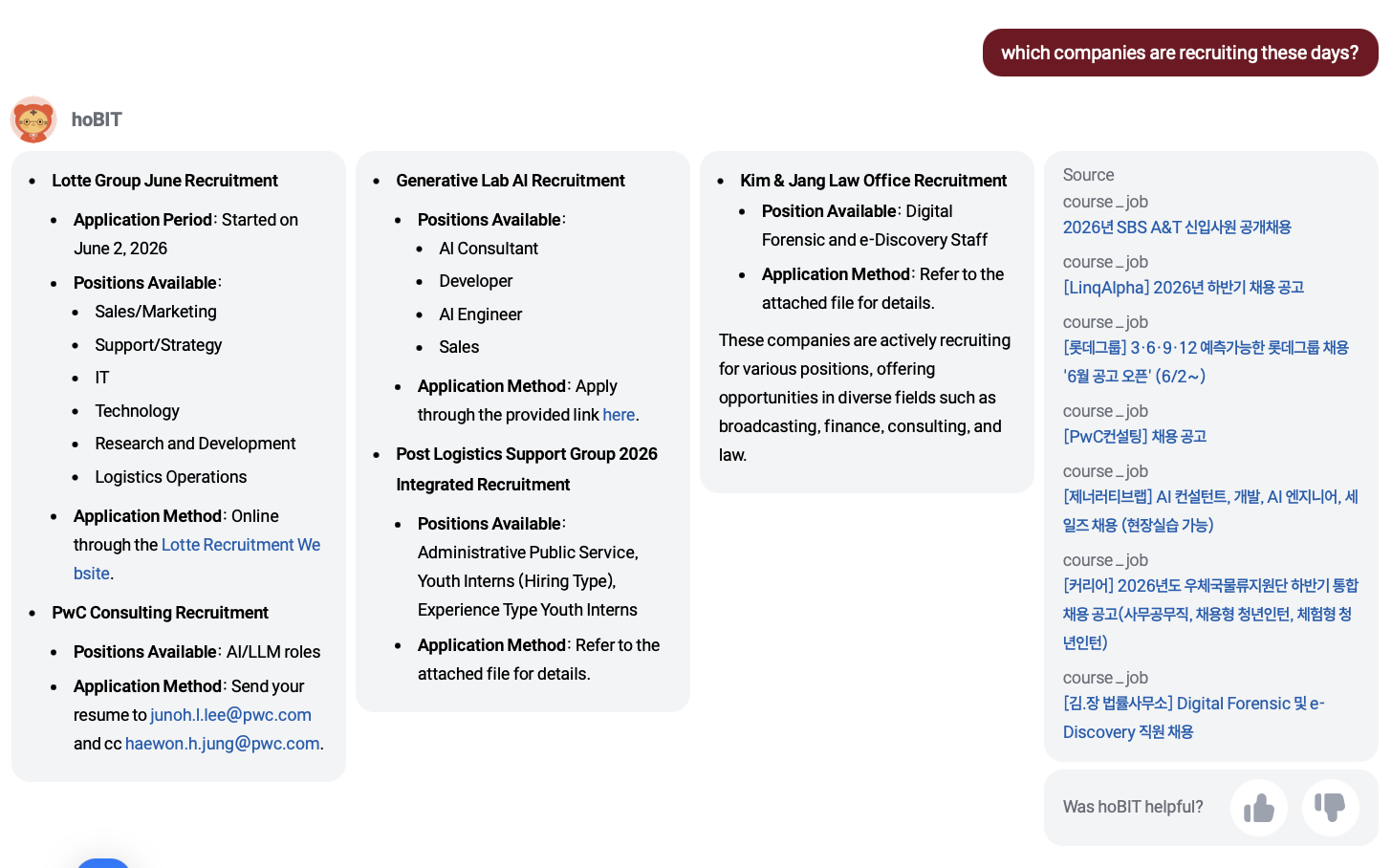 Actual hoBIT UI screenshot showing a recruiting query and answer.