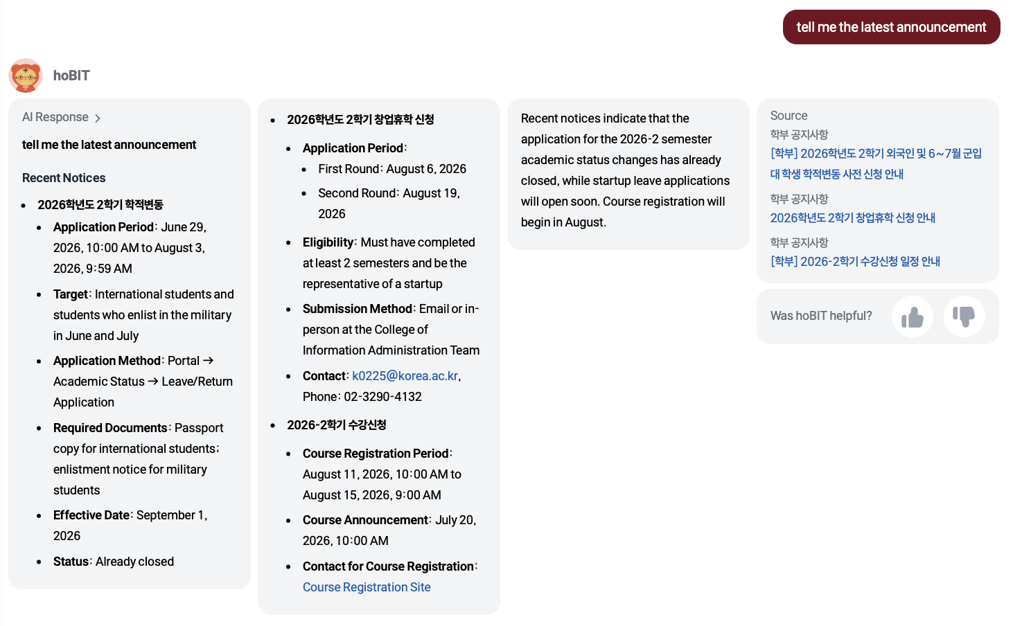 Actual hoBIT UI screenshot showing a latest-announcements query and answer.